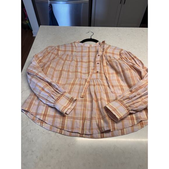 Ulla Johnson Plaid Blouse in Peach and Cream - Picture 1 of 7